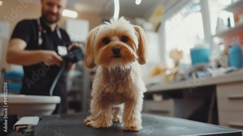 Pet grooming service professional trimming a dog's fur in a modern grooming salon.