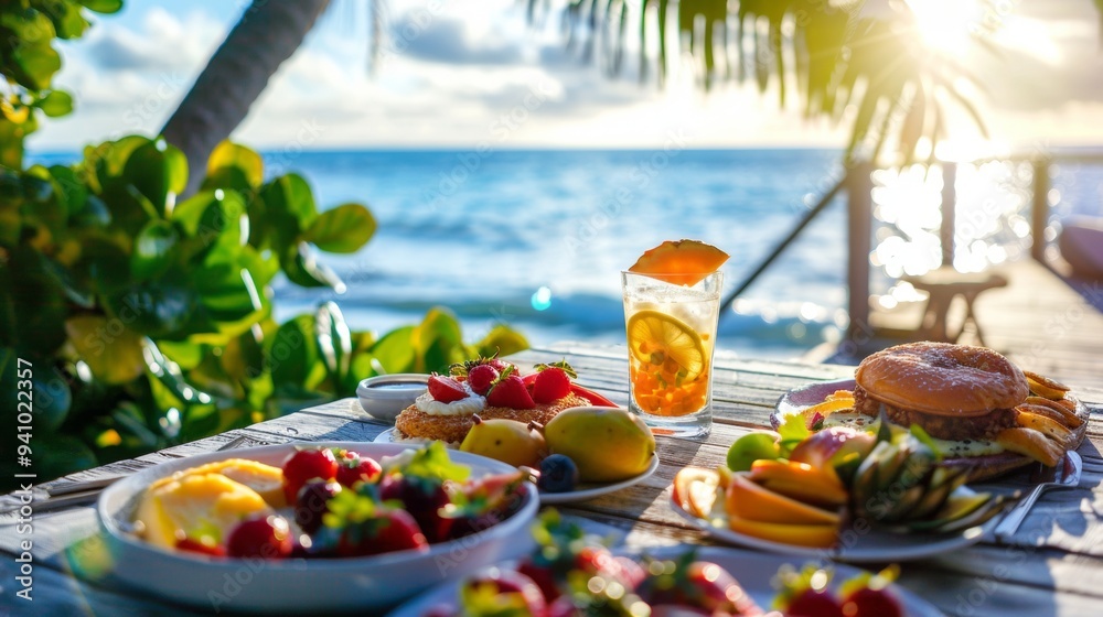 A tropical breakfast spread with fresh fruits and a refreshing drink by the ocean at sunrise A tropical breakfast spread with fresh fruits and a refreshing drink by the ocean at sunrise