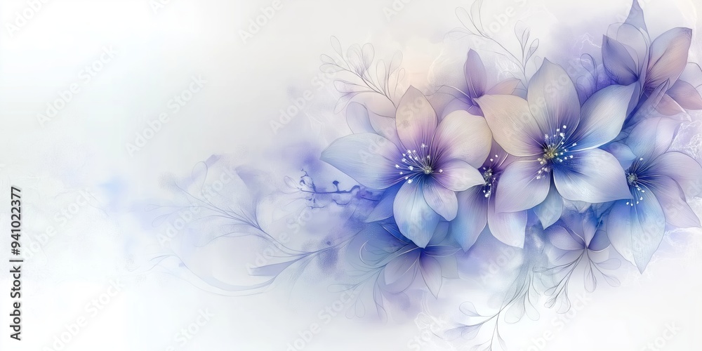 A gentle abstract background featuring violet and white flowers with soft hues and delicate outlines, providing ample copy space A gentle abstract background featuring violet and white flowers with soft hues and delicate outlines, providing ample copy space