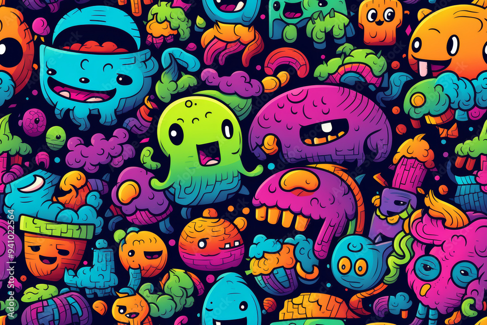 Seamless pattern of cute colorful cartoon monsters with big eyes, funny faces and different shapes. Seamless pattern of cute colorful cartoon monsters with big eyes, funny faces and different shapes.
