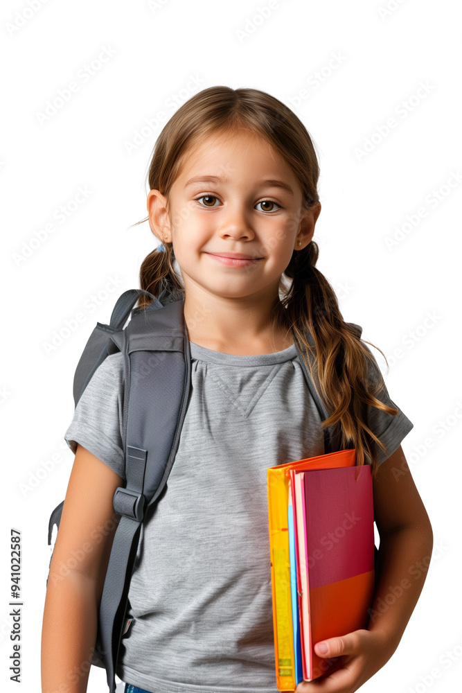 A schoolgirl is holding a backpack and books A schoolgirl is holding a backpack and books
