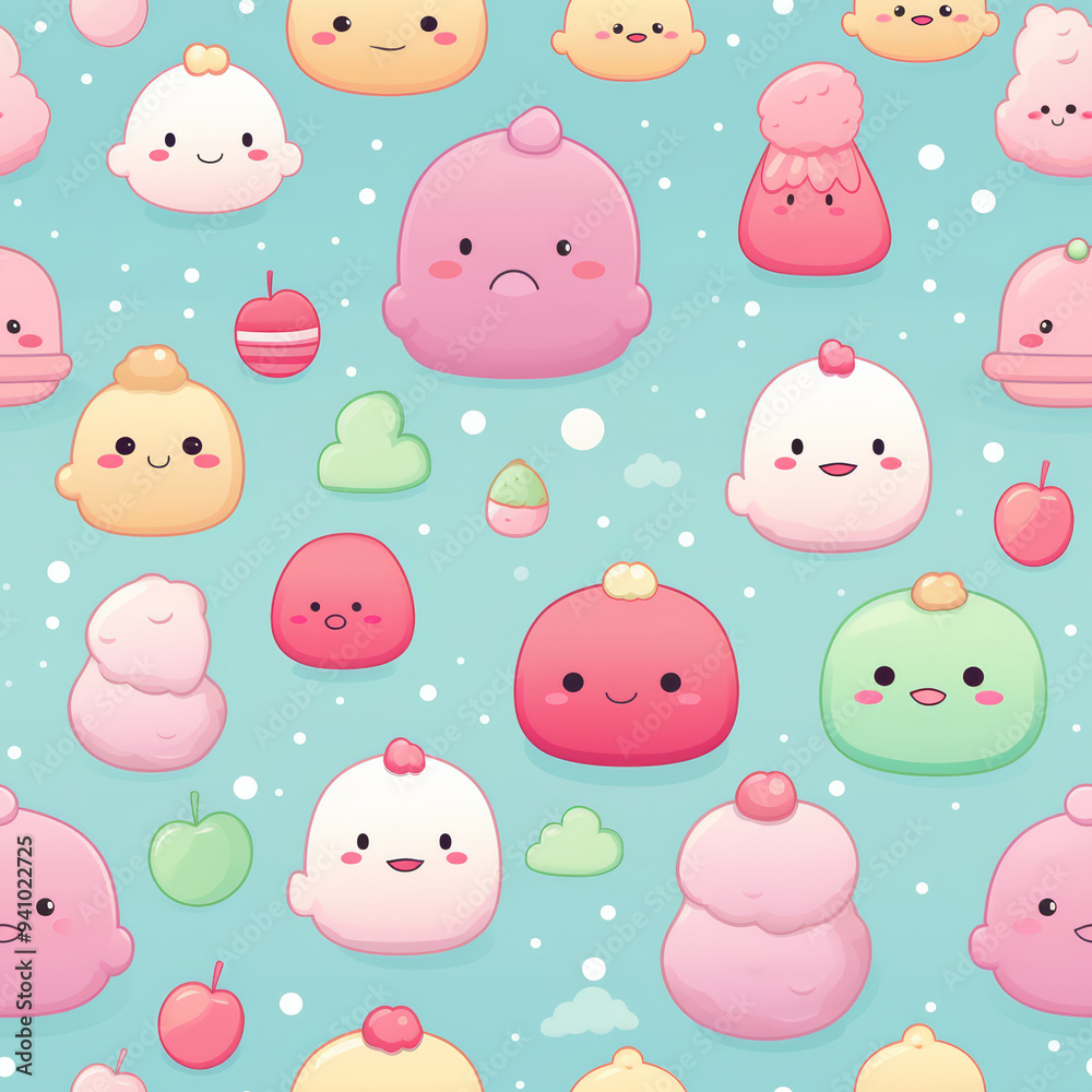 Seamless pattern of cute kawaii faces in pastel colors with cherries and clouds on a blue background. Seamless pattern of cute kawaii faces in pastel colors with cherries and clouds on a blue background.