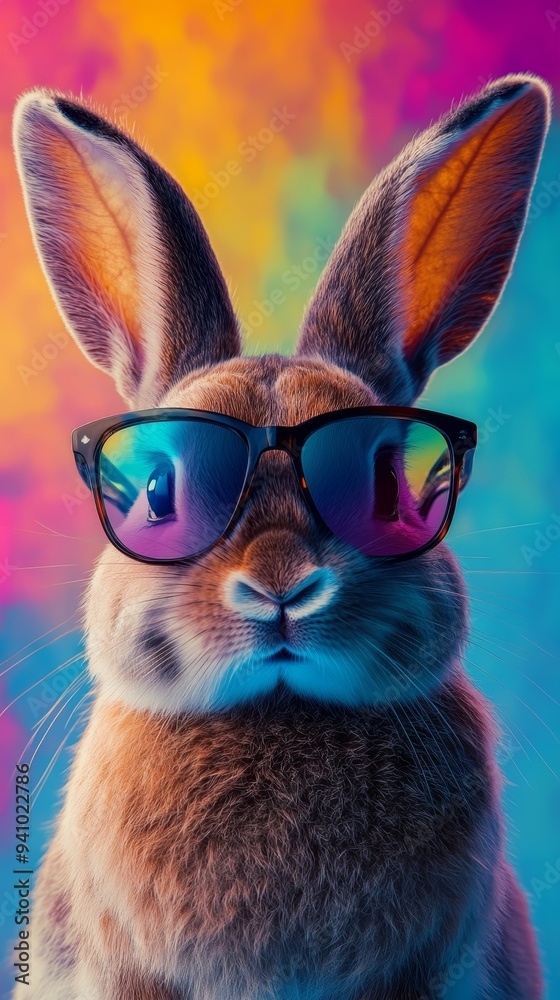 Cool Rabbit in Sunglasses: Trendy Animal Illustration for Year of the Rabbit and Easter Campaigns. Vibrant Abstract Background with Stylish Bunny Character, Perfect for Marketing, Web Design, and Holi Cool Rabbit in Sunglasses: Trendy Animal Illustration for Year of the Rabbit and Easter Campaigns. Vibrant Abstract Background with Stylish Bunny Character, Perfect for Marketing, Web Design, and Holi