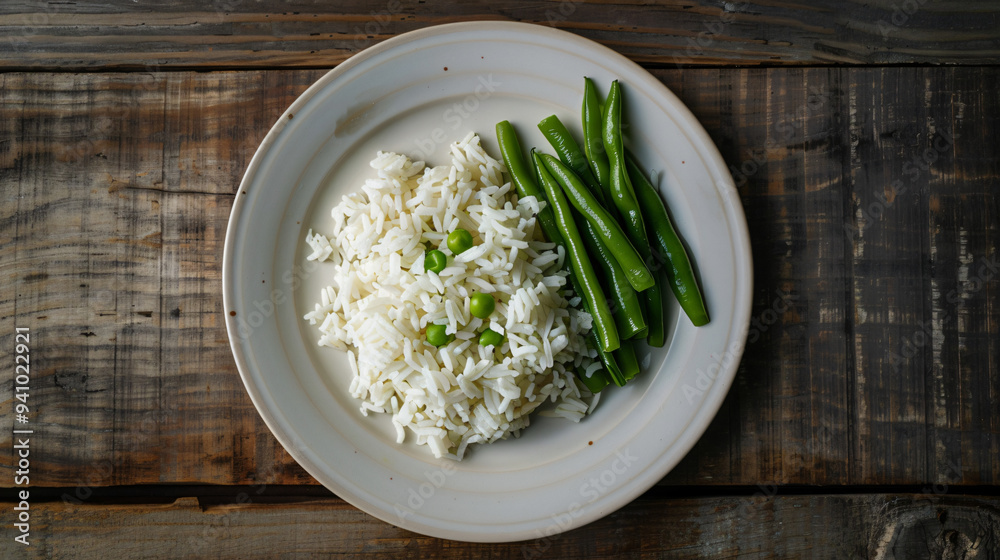 Simple and healthy meal of steamed rice and green beans is served on a rustic wooden table Simple and healthy meal of steamed rice and green beans is served on a rustic wooden table