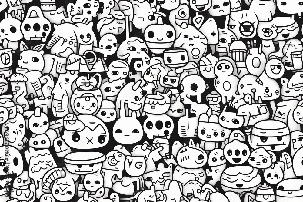 Seamless pattern of cute, whimsical, cartoon characters on black background. Seamless pattern of cute, whimsical, cartoon characters on black background.