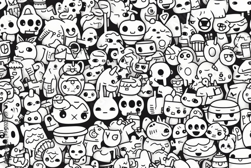 Seamless pattern of cute, whimsical, cartoon characters on black background.