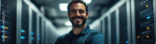 Smiling IT Professional in Data Center Surrounded by Server Racks and Technology Equipment