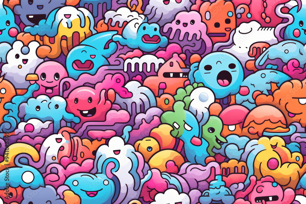 Seamless pattern with colorful cartoon monsters and abstract shapes.