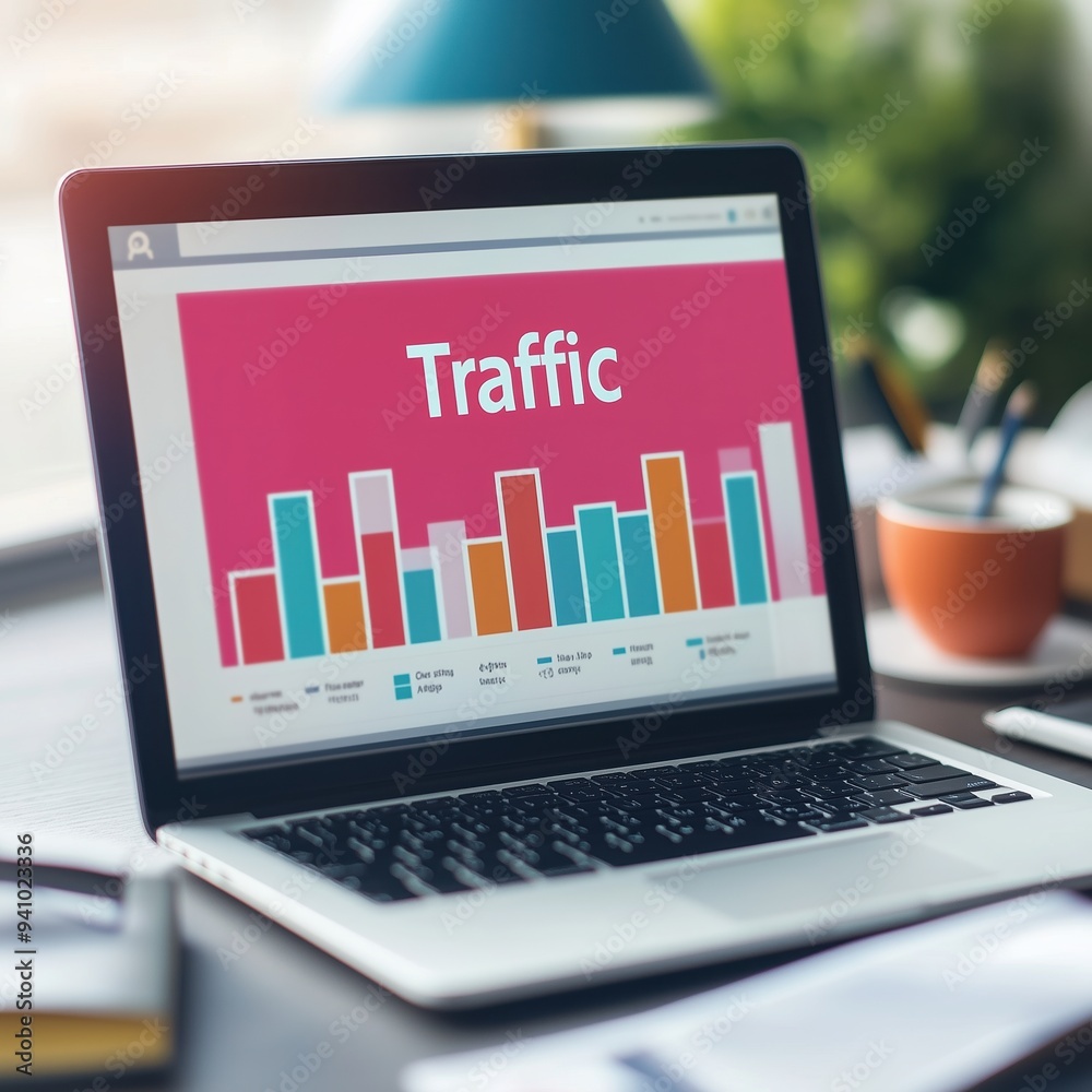 Screen of the laptop or notebook device, displaying the colorful website traffic metrics Screen of the laptop or notebook device, displaying the colorful website traffic metrics