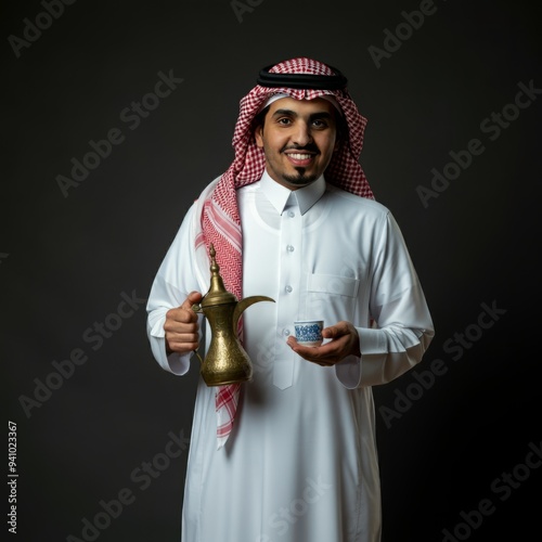 Saudi man holding dallah and pours Arabic coffee to guests in guest room
