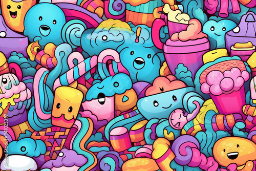 Seamless pattern with colorful doodle cartoon characters, objects, and shapes.