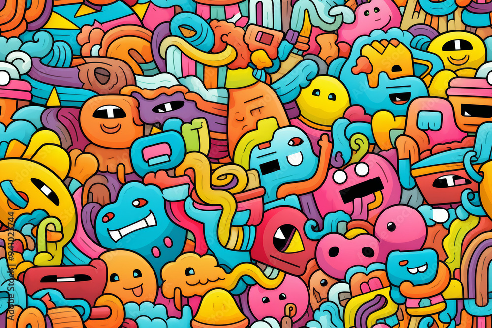 Seamless pattern with colorful doodle monsters, abstract shapes and elements. Seamless pattern with colorful doodle monsters, abstract shapes and elements.