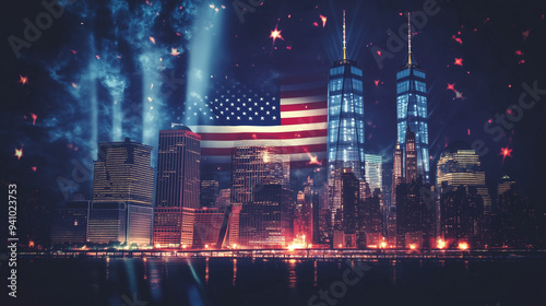 Conceptual 9/11 Anniversary Poster with Dark Background American Flag and New York City Skyline