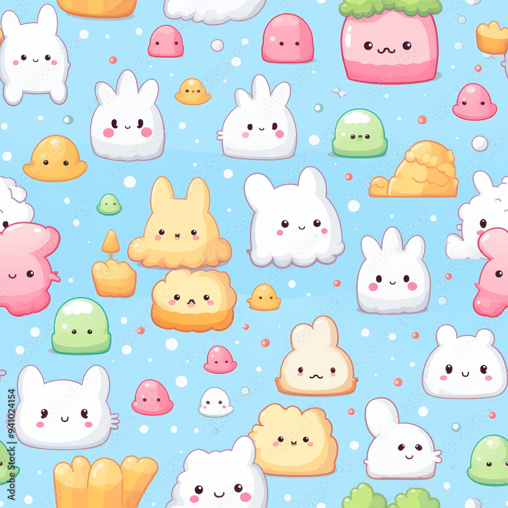 Seamless pattern with cute cartoon bunnies, clouds, and other shapes on a light blue background. Seamless pattern with cute cartoon bunnies, clouds, and other shapes on a light blue background.
