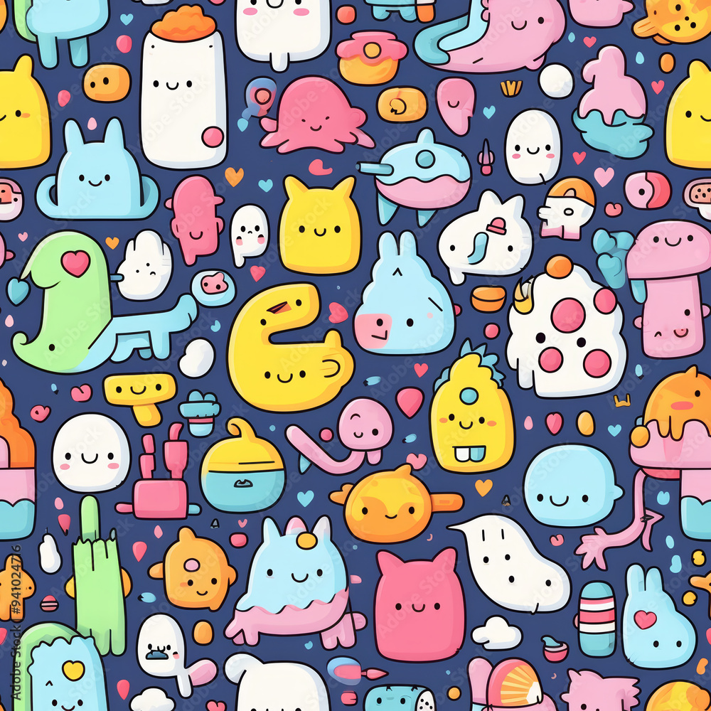 Seamless pattern with cute cartoon characters on a blue background.