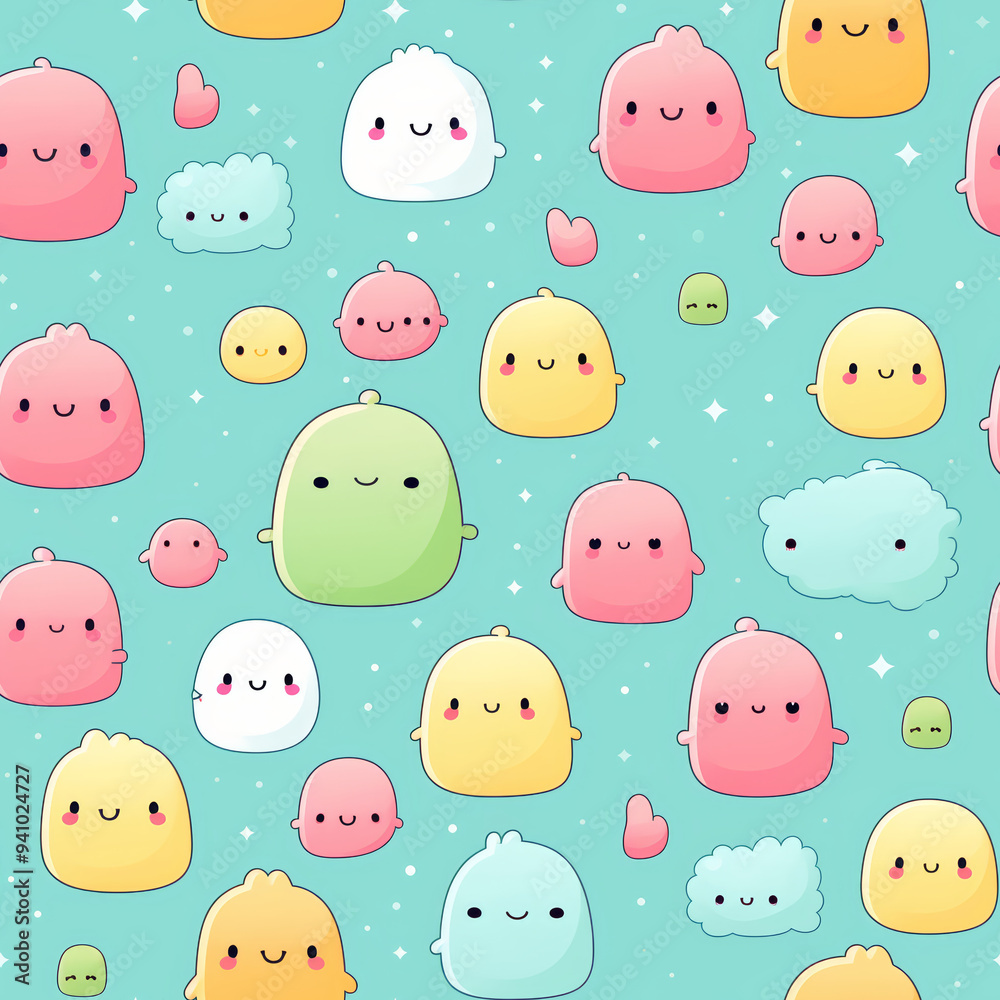 Seamless pattern with cute cartoon characters, hearts and clouds on a blue background. Seamless pattern with cute cartoon characters, hearts and clouds on a blue background.