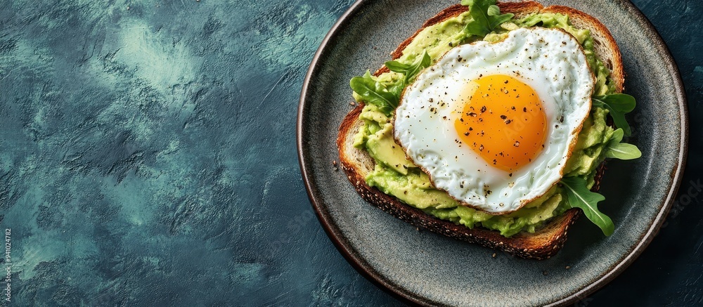 Delicious Avocado Toast with Fried Egg on Rustic Plate Against Dark Green Background
