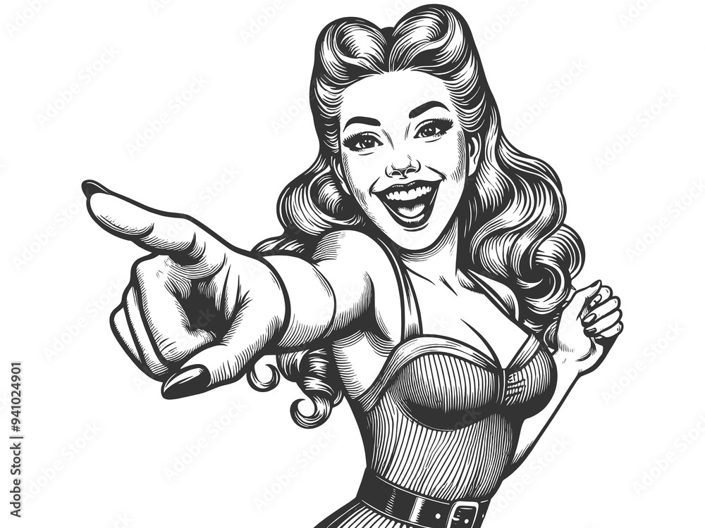 Fototapeta premium cheerful woman with curled hair smiling and pointing her finger directly at the viewer in playful manner sketch engraving generative ai fictional character raster illustration. Black and white image
