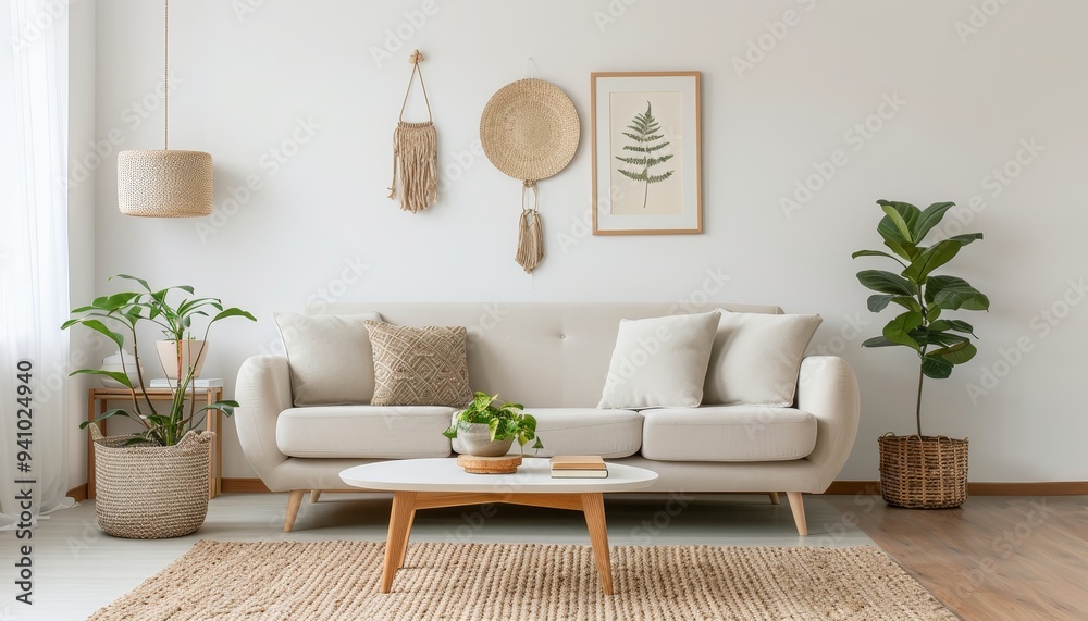 A living room with a white couch, a coffee table, and a potted plant by AI generated image A living room with a white couch, a coffee table, and a potted plant by AI generated image