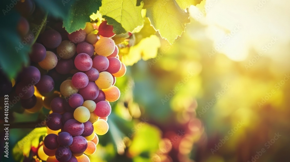 Fototapeta premium Close-up of Grape Bunch Hanging from Vine in Sunlight