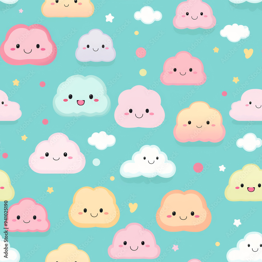 Seamless pattern with cute cartoon clouds in various colors on a turquoise background. Seamless pattern with cute cartoon clouds in various colors on a turquoise background.