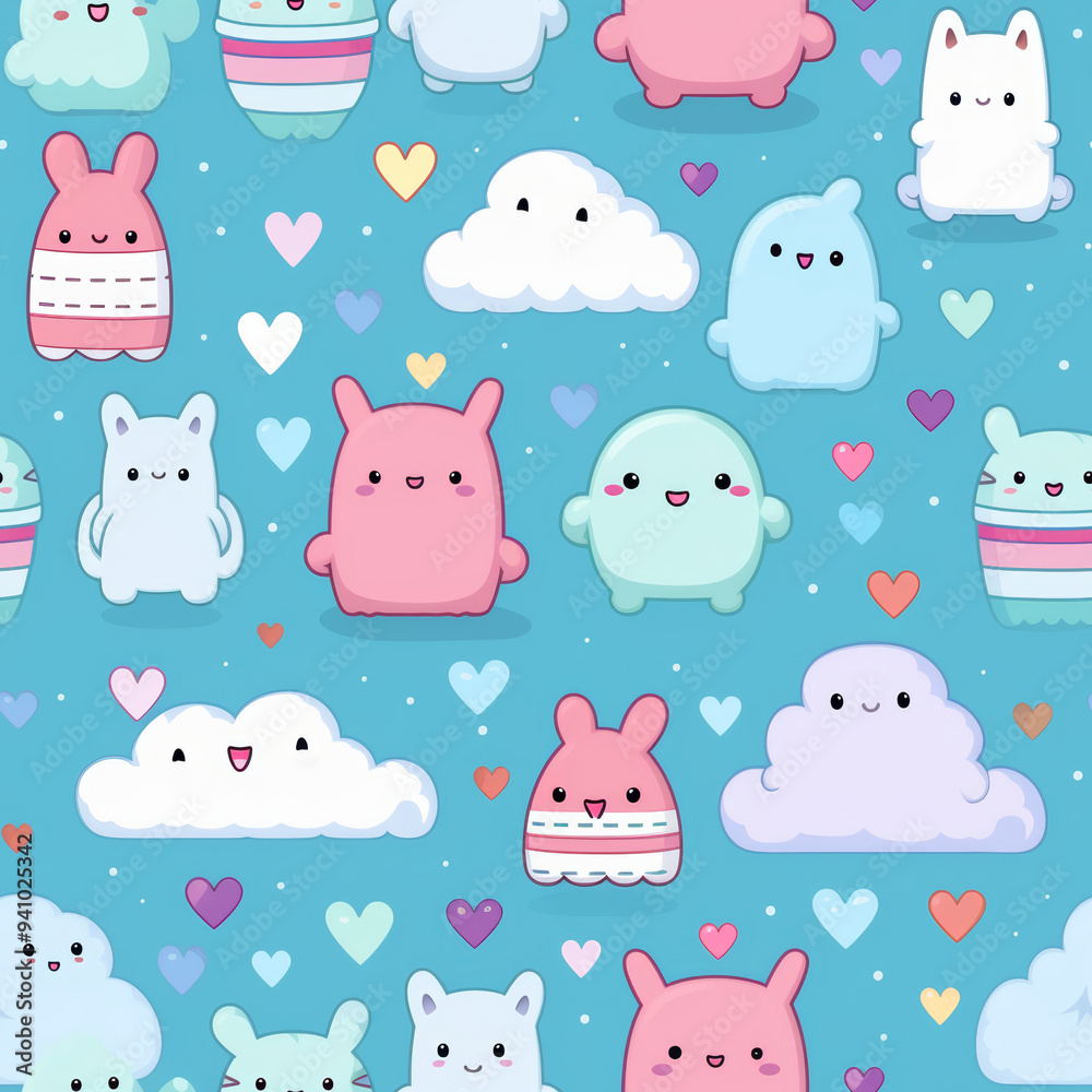 Seamless pattern with cute cartoon clouds, hearts, and animals on blue background. Seamless pattern with cute cartoon clouds, hearts, and animals on blue background.