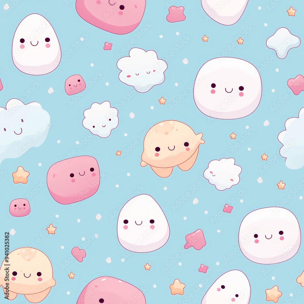 Seamless pattern with cute cartoon clouds, eggs, and stars on a blue background. Seamless pattern with cute cartoon clouds, eggs, and stars on a blue background.