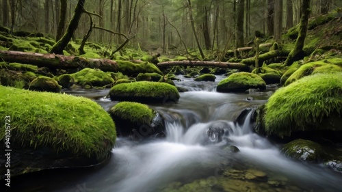  Forest stream on mossy rock, isolated on white