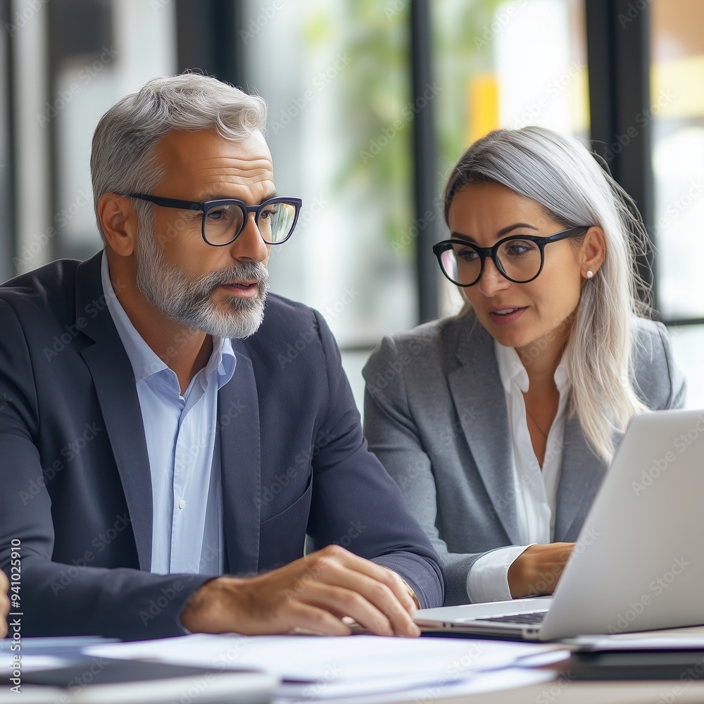 Fototapeta premium Team of diverse partners sitting at table mature Latin business man and European business woman discussing project