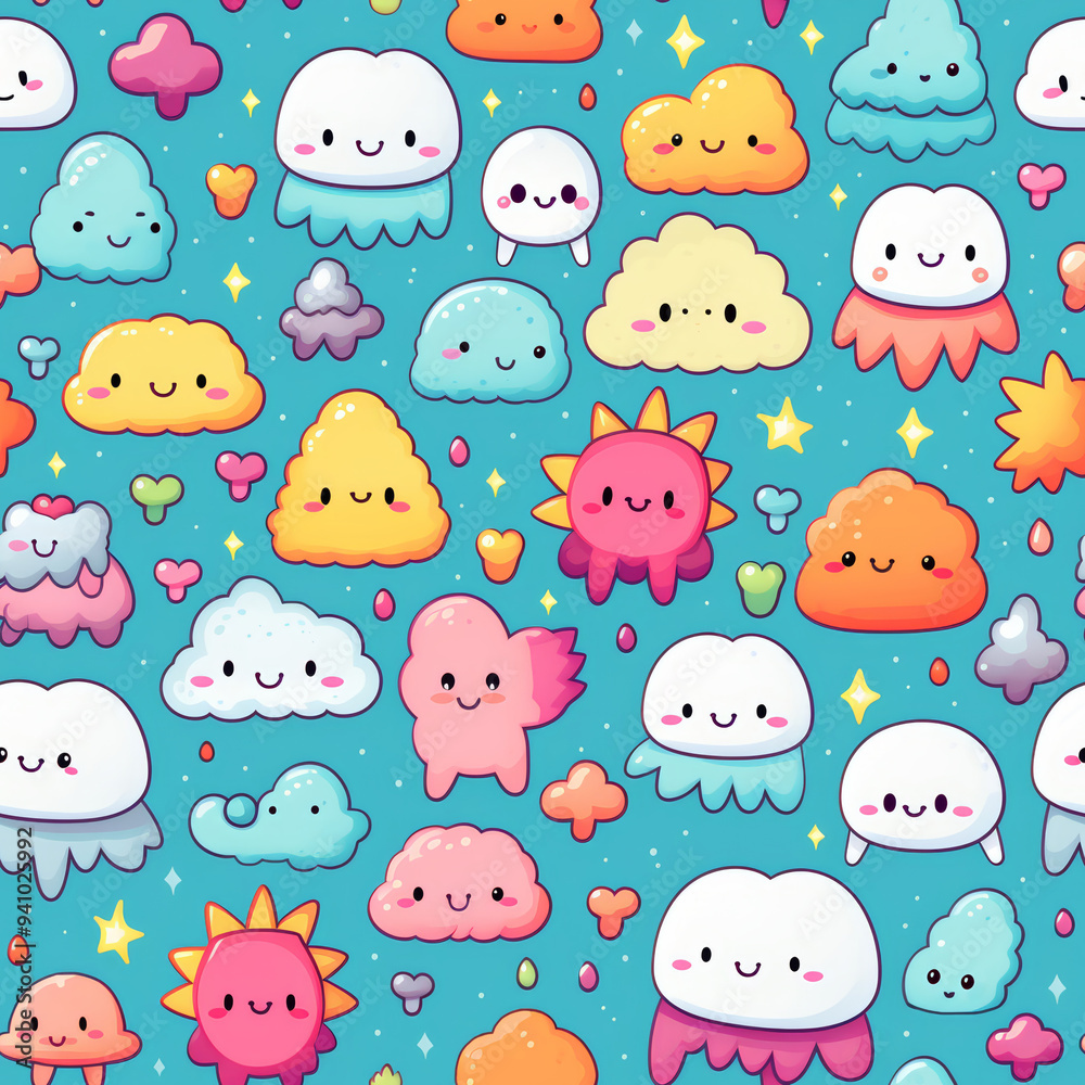Seamless pattern with cute cartoon clouds, suns, and stars on a turquoise background. Seamless pattern with cute cartoon clouds, suns, and stars on a turquoise background.
