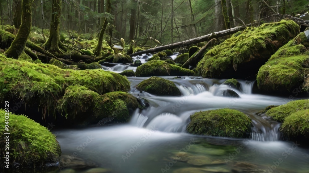 Obraz premium Forest stream over mossy rock, white background