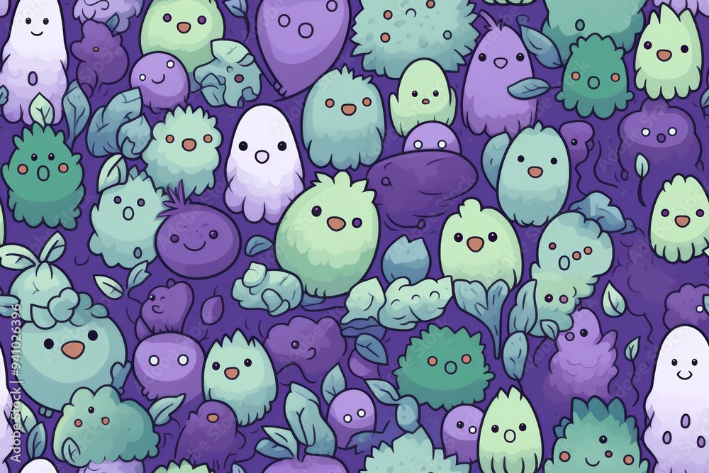 Seamless pattern with cute cartoon ghosts and plants on purple background. Seamless pattern with cute cartoon ghosts and plants on purple background.