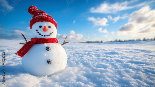 Funny snowman with red hat and red scarf on snowy field against bright blue sky with copy space.