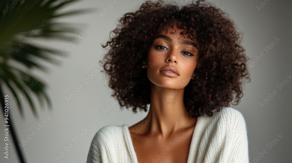 A young woman with dark skin and curly hair looks directly at the camera. She is wearing a white sweater and has a serious expression. A young woman with dark skin and curly hair looks directly at the camera. She is wearing a white sweater and has a serious expression.