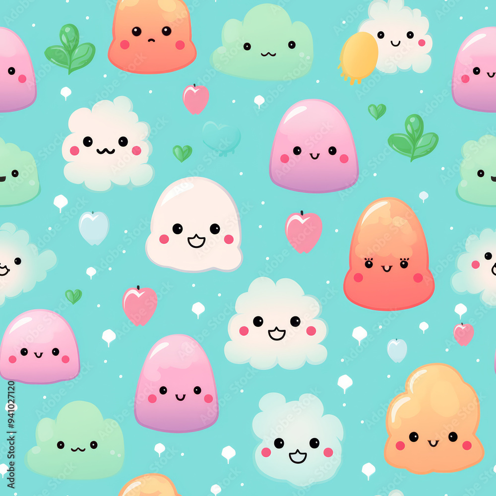 Seamless pattern with cute clouds and jelly on light blue background. Seamless pattern with cute clouds and jelly on light blue background.