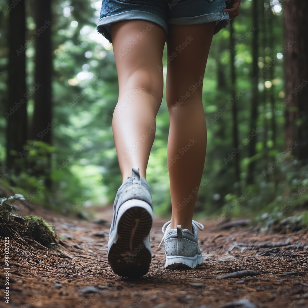 Back view of a young woman walking on the trail in a forest, close-up of a shoes Back view of a young woman walking on the trail in a forest, close-up of a shoes