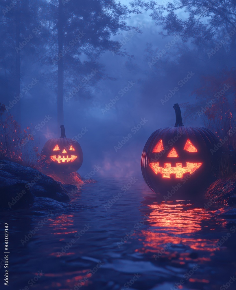 Naklejka premium Halloween night safari in a misty and creepy wilderness