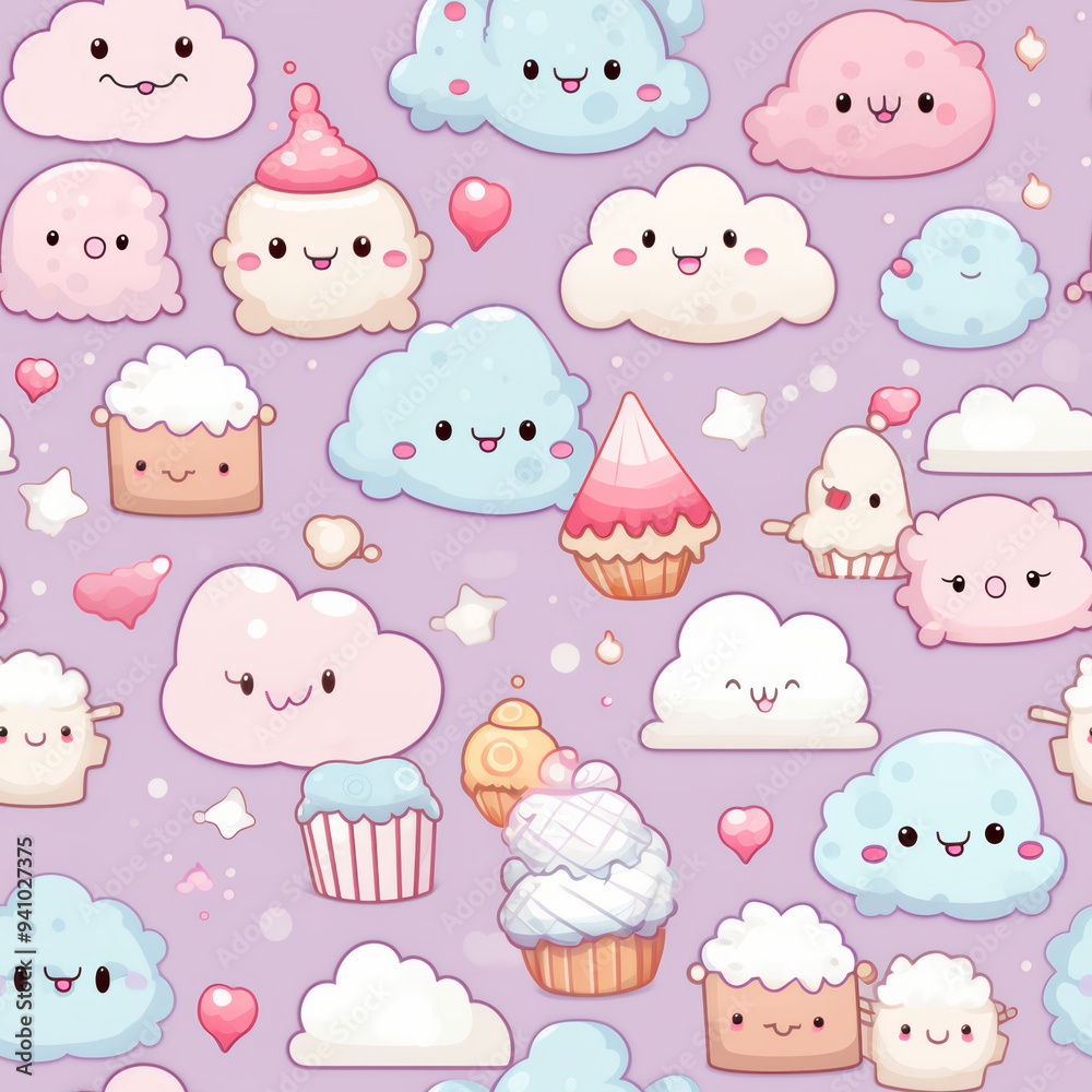 Seamless pattern with cute clouds, cupcakes, and hearts on a purple background. Seamless pattern with cute clouds, cupcakes, and hearts on a purple background.