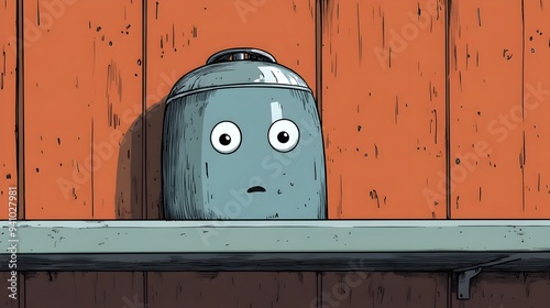 Curious Strainer Peeking from the Shelf with Googly Eyes in Anime Pop Art Style