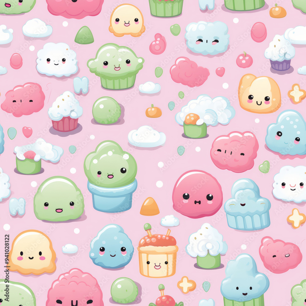 Seamless pattern with cute kawaii clouds, cupcakes, and other sweet treats on a pink background.