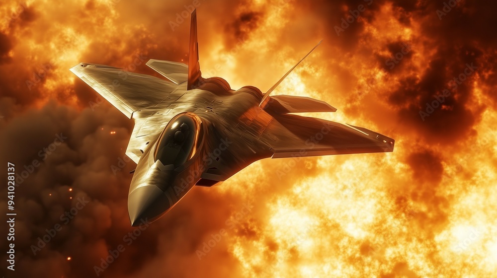 military fighter jet flying with bomb explosion behind during airstrike ...