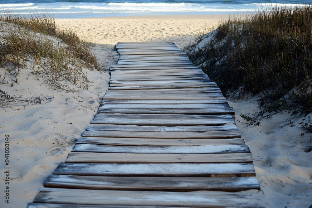 Obraz premium Scenic Boardwalk Journey Along the Beach Leading to the Horizon