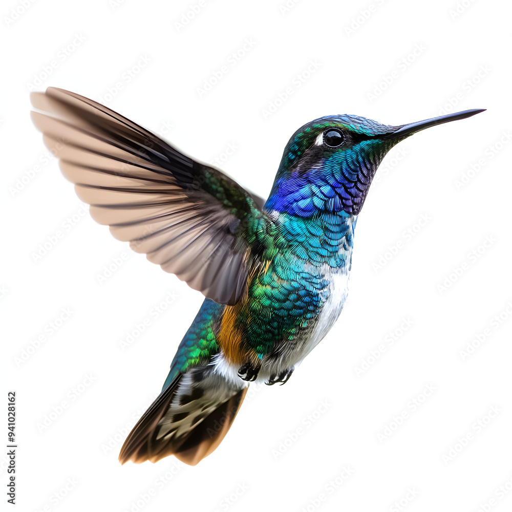 Fototapeta premium A vibrant hummingbird with iridescent green and blue feathers hovers mid-flight, its wings spread wide, against a white background.