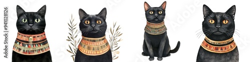 Colorful illustrated black cats with decorative collars, perfect for cat lovers and artistic designs. photo