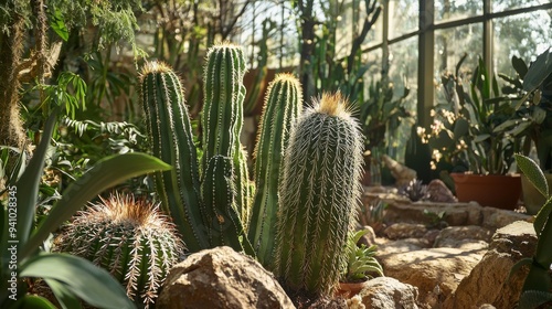 Green cactuses in botanical garden photo