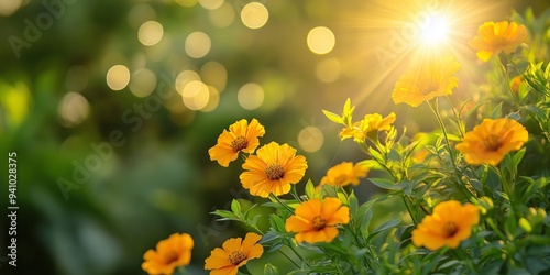 A gentle abstract background featuring marigold flowers with a bright sunburst and bokeh effect in soft colors