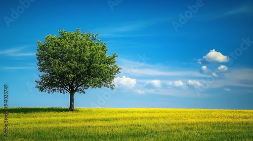 A lone tree stands tall against a bright blue sky and a field of yellow wildflowers.