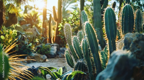 Green cactuses in botanical garden photo