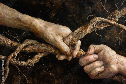 A painting depicting two hands gently clasping each other, symbolizing connection and unity, Intertwined, connected limbs in a harmonious composition, AI generated