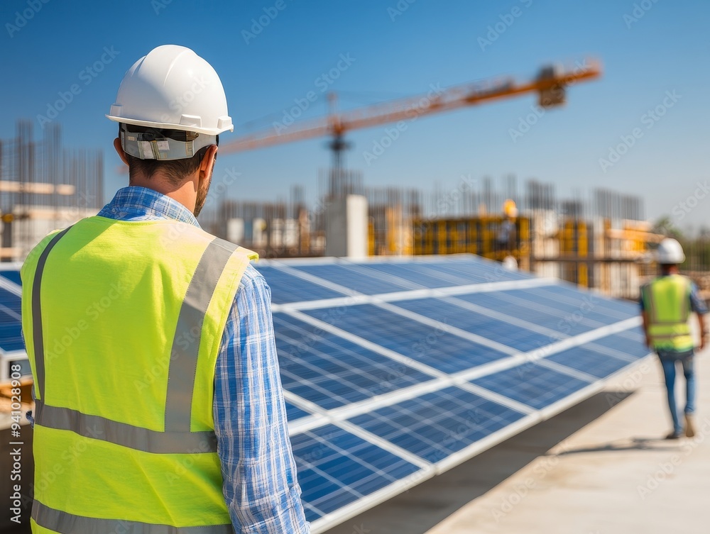 A construction worker inspects solar panels on a building site, highlighting renewable energy and sustainable construction practices. A construction worker inspects solar panels on a building site, highlighting renewable energy and sustainable construction practices.